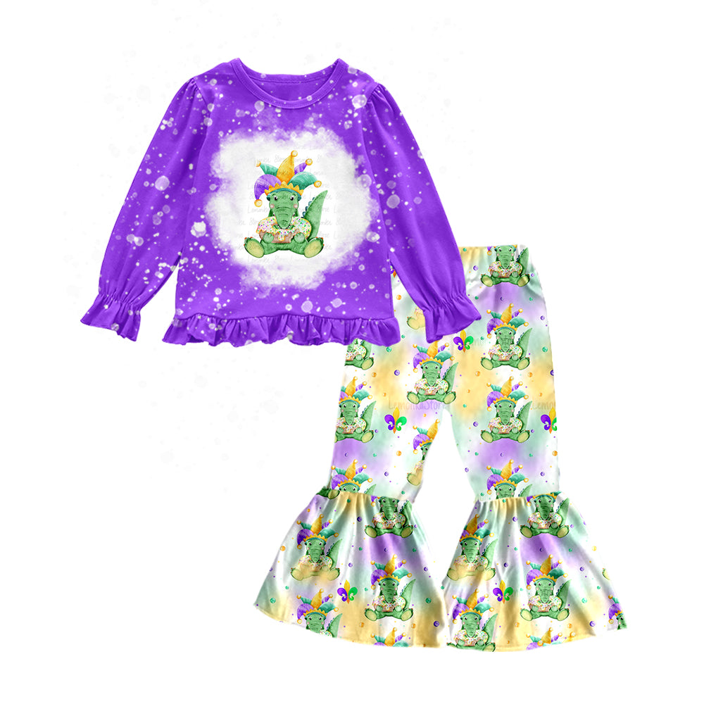 (Pre-order)GLP1128  Crocodile Donut Print Girls Mardi Gras Cothes Set