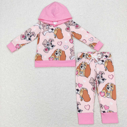 GLP1133 Cartoon Dog Heart Print Girls Valentine's Hoodie Clothes Set