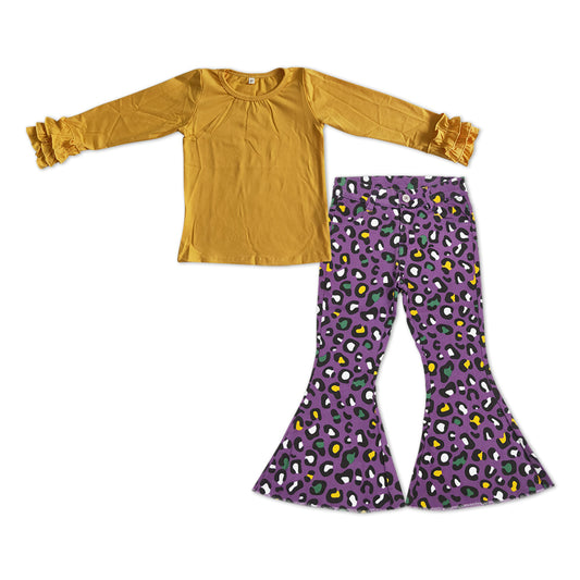 GLP1138 Mustard Top Leopard Denim Bell Jeans Girls Mardi Gras Clothes Set