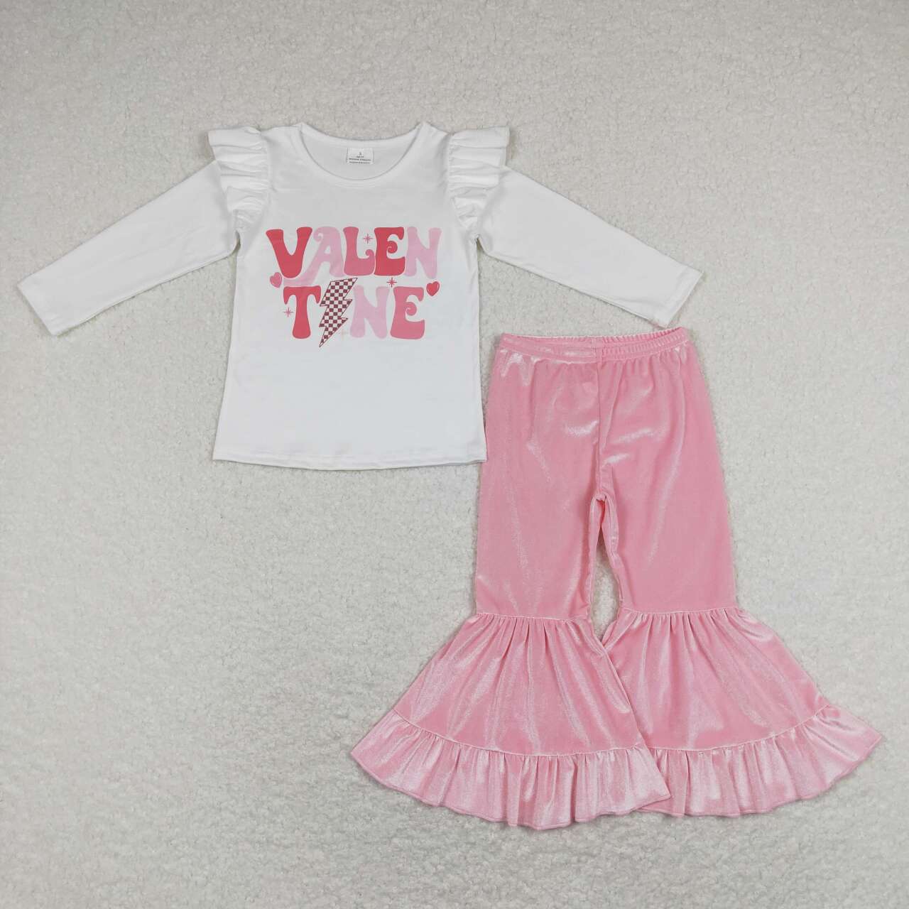 GLP1141 VALEN TINE Top Pink Velvet Bell Pants Girls Valentine's Clothes Set