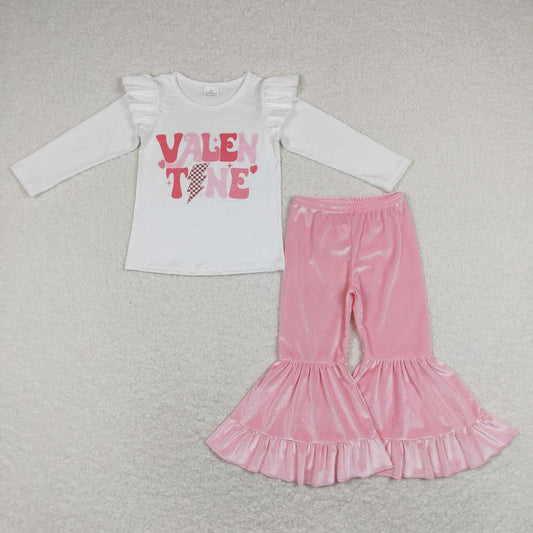 GLP1141 VALEN TINE Top Pink Velvet Bell Pants Girls Valentine's Clothes Set