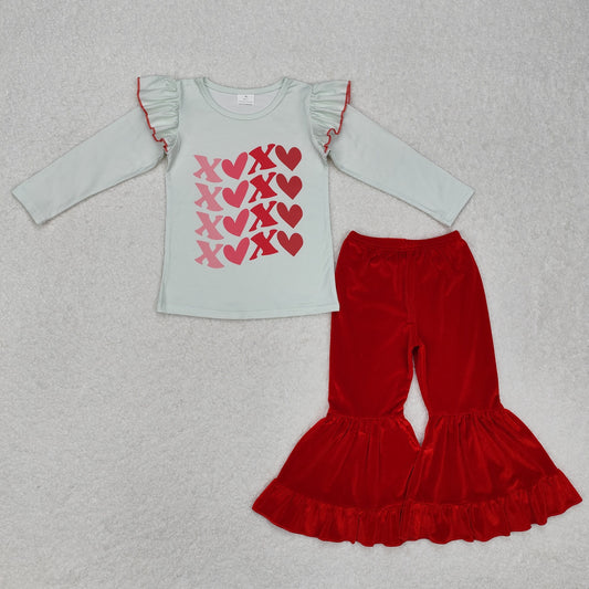 GLP1142 XOXO Top Red Velvet Bell Pants Girls Valentine's Clothes Set