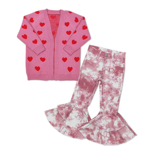 GLP1146 Heart Pink Baby Girls Sweater Cardigan Top Tie-dye Denim Bell Bottom Pants Girls Valentine's Clothes Set