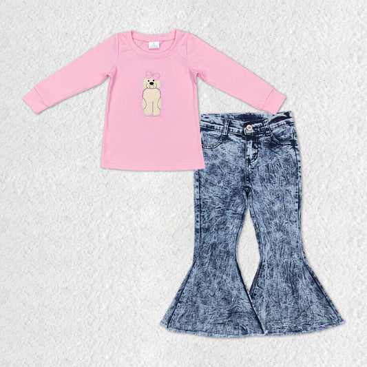 GLP1148 Pink Dog Embroidery Top Blue Denim Jeans Girls Clothes Set
