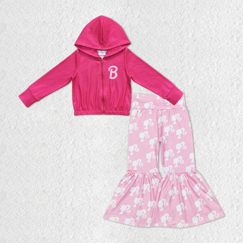 GLP1149 Pink BA Print Bell Pants Hoodie Jacket Top Girls Clothes Set