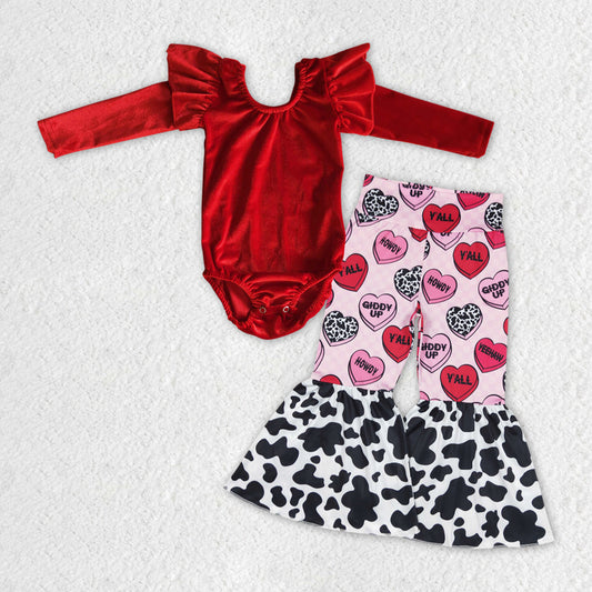 GLP1150 Red Velvet Romper Top Howdy Heart Bell Pants Girls Valentine's Clothes Set