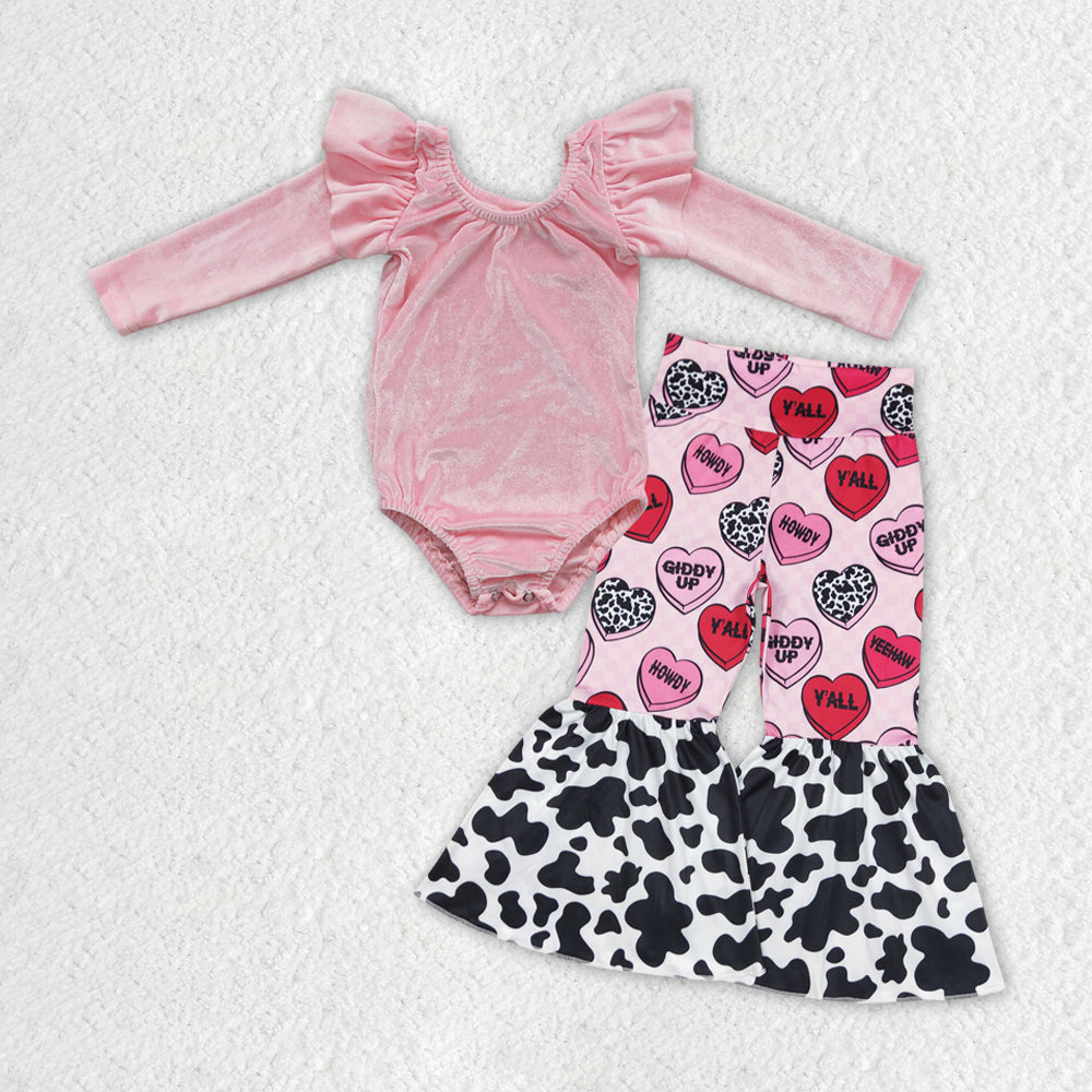 GLP1151 Pink Velvet Romper Top Howdy Heart Bell Pants Girls Valentine's Clothes Set