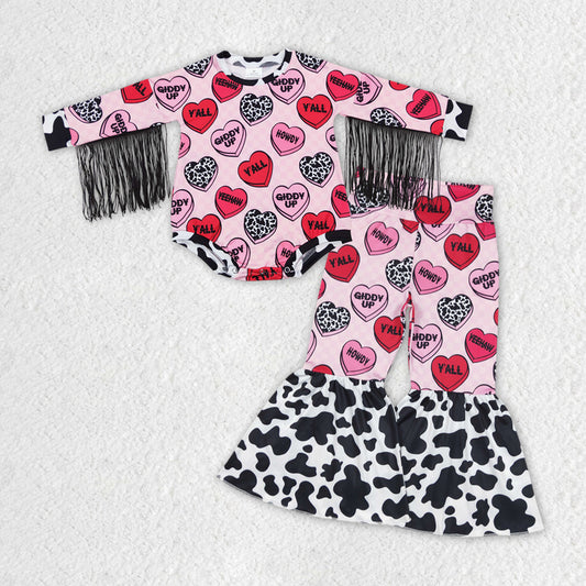 GLP1152 Howdy Heart Print Tassels Romper Top Bell Pants Baby Girls Valentine's Clothes Set