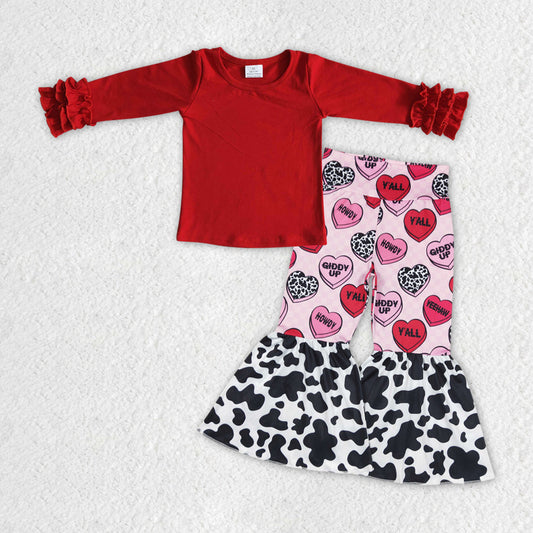 GLP1153 Red Top Howdy Heart Bell Pants Girls Valentine's Clothes Set