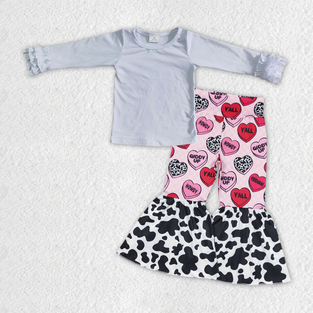 GLP1154 White Top Howdy Heart Bell Pants Girls Valentine's Clothes Set