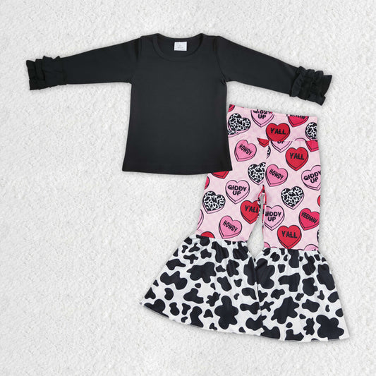 GLP1155 Black Top Howdy Heart Bell Pants Girls Valentine's Clothes Set