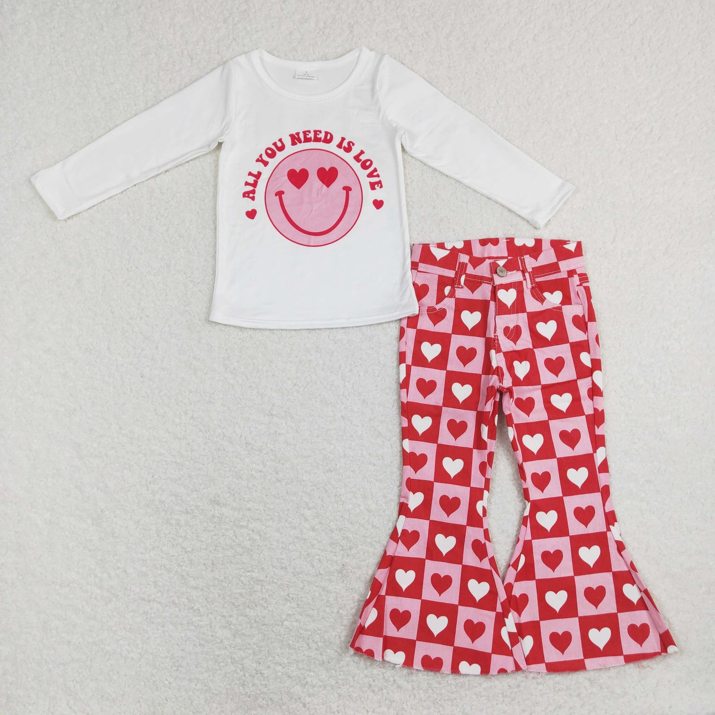 GLP1158 All You Need Is LOVE Smiling Top Heart Denim Bell Bottom Jeans Girls Valentine's Clothes Set