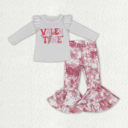 GLP1160 VALENTINE Top Pink Tie-dye Denim Bell Bottom Jeans Girls Valentine's Clothes Set