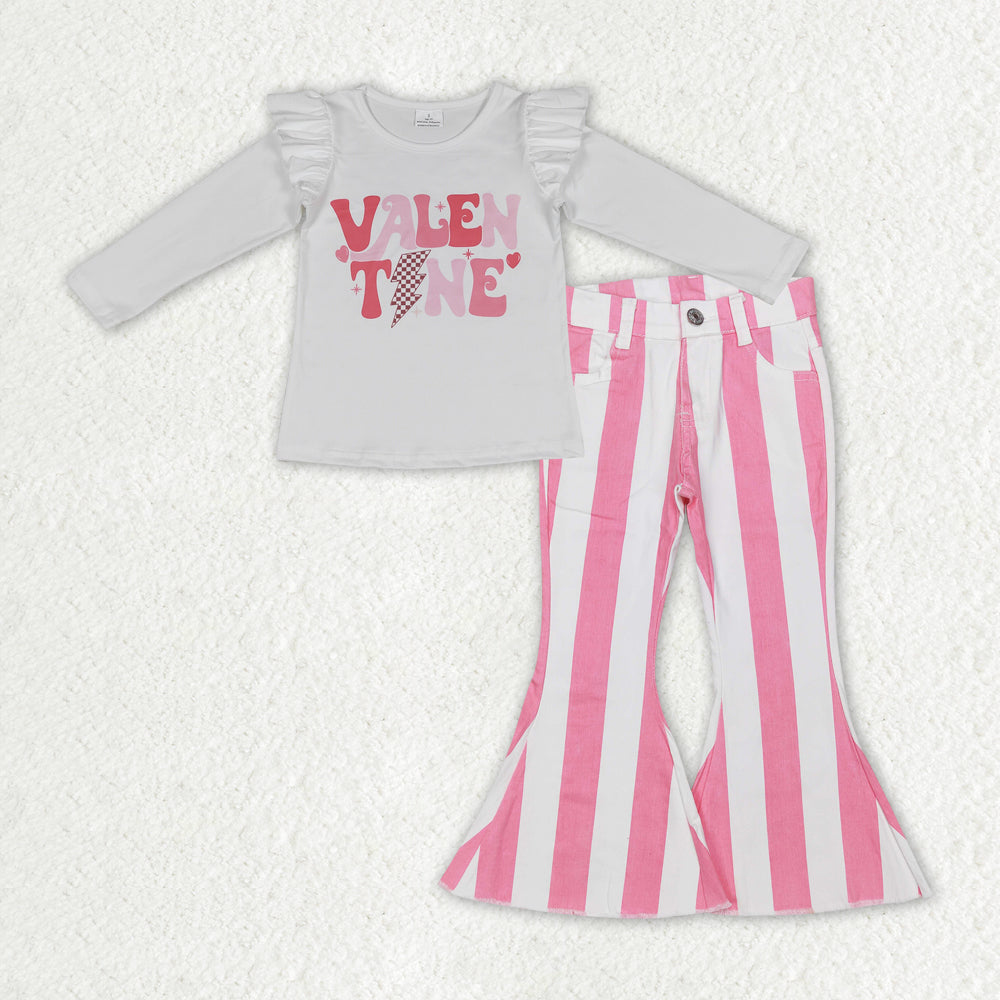 GLP1161 VALENTINE Top Pink Denim Bell Bottom Jeans Girls Valentine's Clothes Set