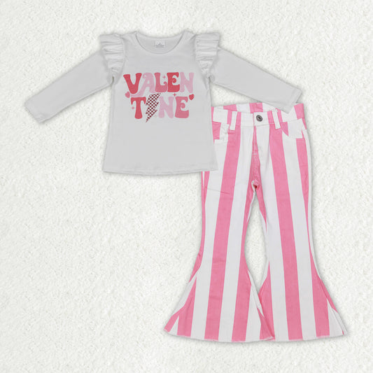 GLP1161 VALENTINE Top Pink Denim Bell Bottom Jeans Girls Valentine's Clothes Set