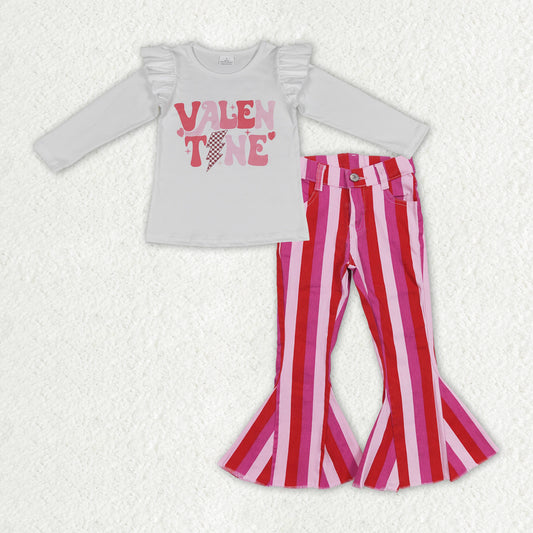 GLP1162 VALENTINE Top Pink Stripes Denim Bell Bottom Jeans Girls Valentine's Clothes Set