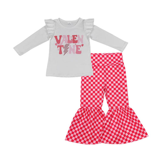GLP1163 VALENTINE Top Plaid Bell Pants Girls Valentine's Clothes Set