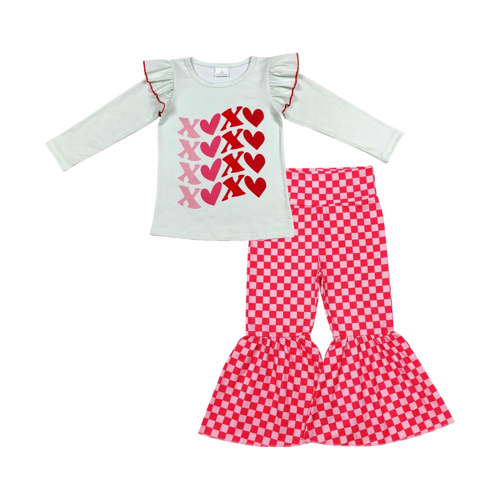 GLP1164 XOXO Top Plaid Bell Pants Girls Valentine's Clothes Set