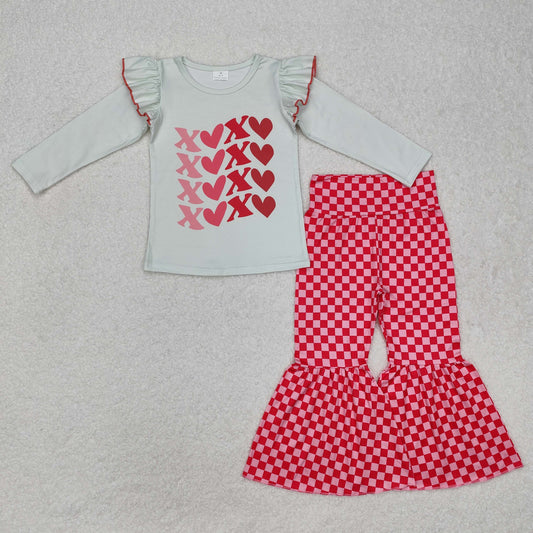 GLP1164 XOXO Top Plaid Bell Pants Girls Valentine's Clothes Set