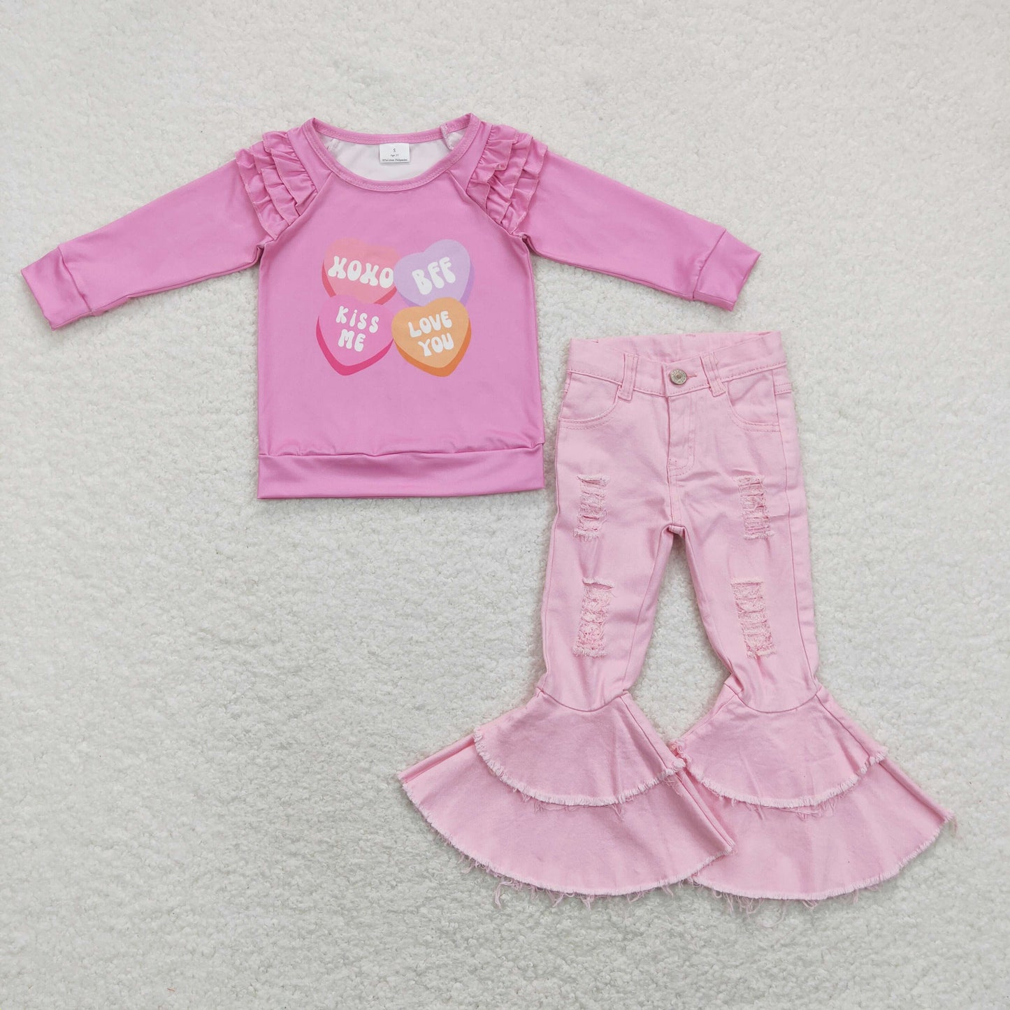 GLP1165 Heart Ruffles Top Pink Denim Hole Jeans Girls Valentine's Clothes Set
