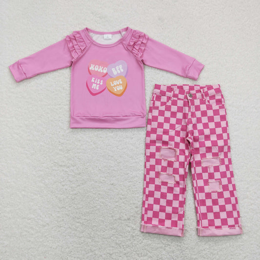 GLP1166 Heart Ruffles Top Pink Plaid Denim Hole Jeans Girls Valentine's Clothes Set