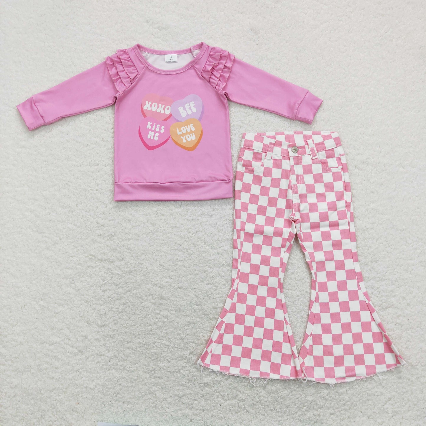 GLP1167 Heart Ruffles Top Pink Plaid Denim Bell Jeans Girls Valentine's Clothes Set