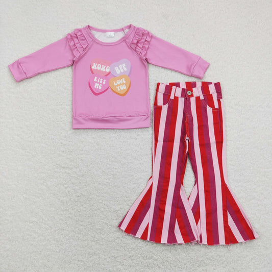 GLP1168 Heart Ruffles Top Pink Stripes Denim Bell Jeans Girls Valentine's Clothes Set