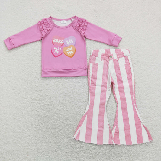 GLP1169 Heart Ruffles Top Pink Stripes Denim Bell Jeans Girls Valentine's Clothes Set