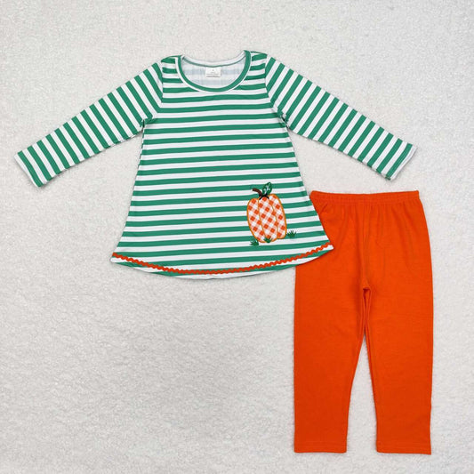 GLP1171 Pumpkin Embroidery Green Stripes Top Orange Legging Pants Girls Fall Clothes Set