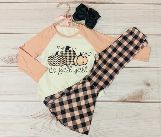 (Pre-order)GLP1175 It's Fall Y'all Pumpkin Top Plaid Bell Pants Girls Fall Clothes Set