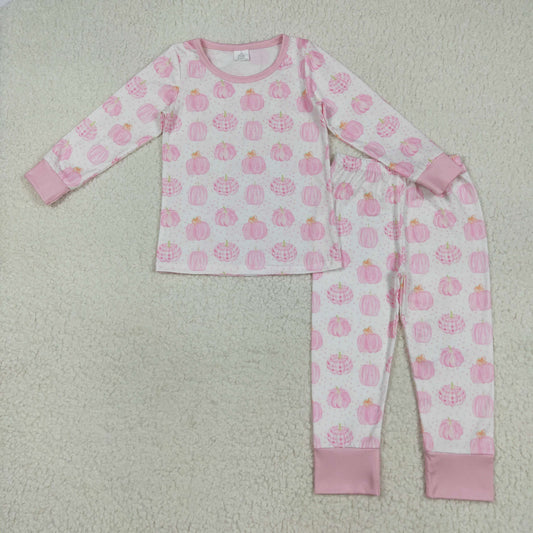 GLP1188 Pink Pumpkin Print Girls Fall Pajamas Bamboo Clothes Set