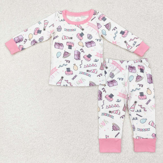 GLP1190 Pink Balloon Cake Print Happy Birthday Girls Fall Pajamas Clothes Set