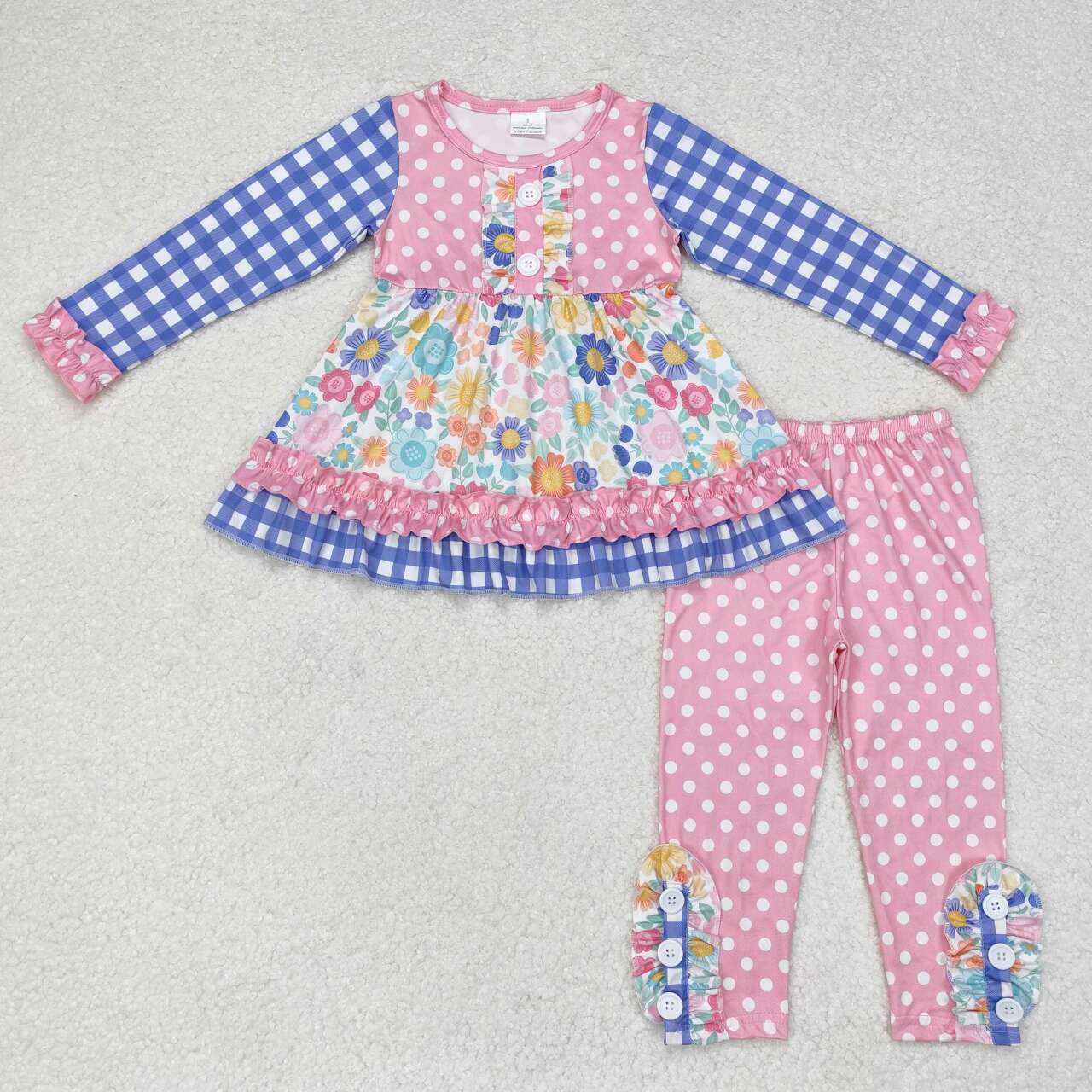 GLP1196 Colorful Flowers Tunic Top Dots Pants Girls Fall Clothes Set