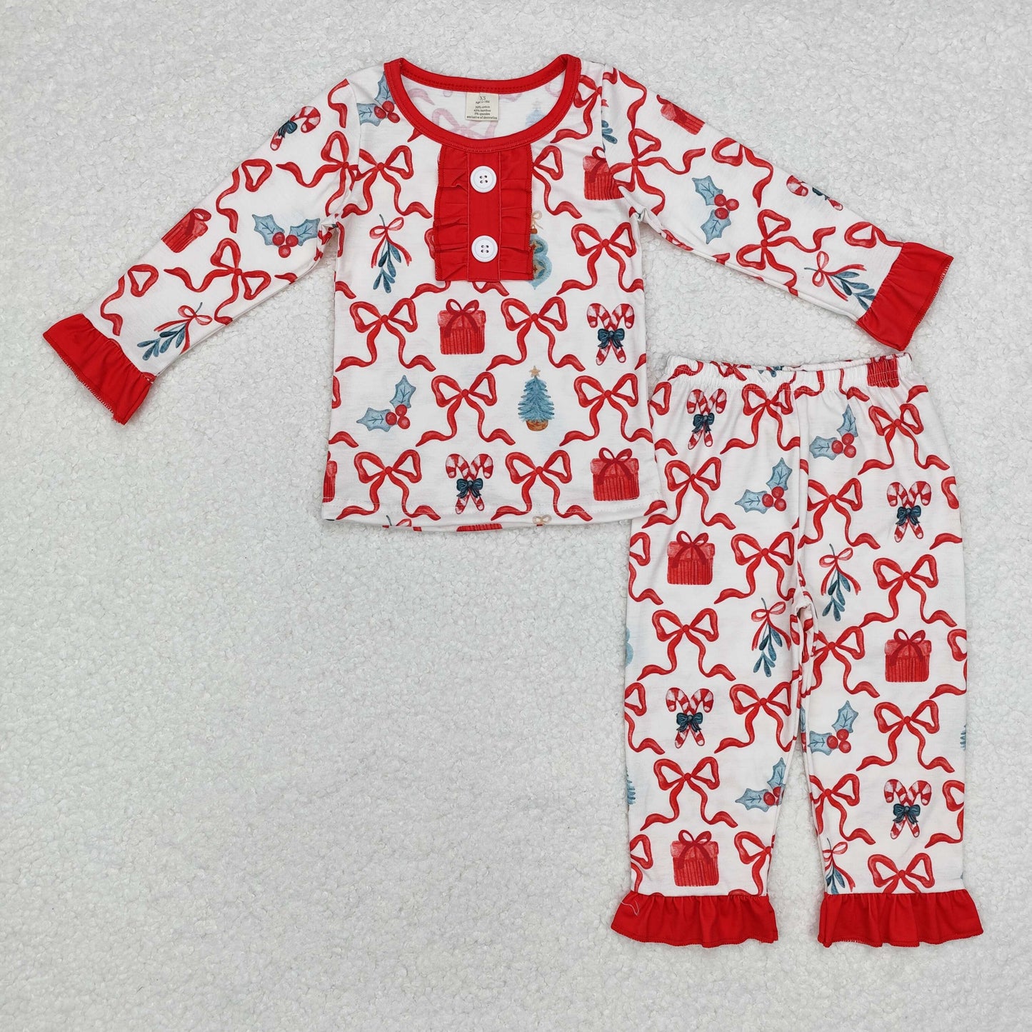 GLP1201 Candy Cane Bows Holly Print Girls Christmas Bamboo Pajamas Clothes Set