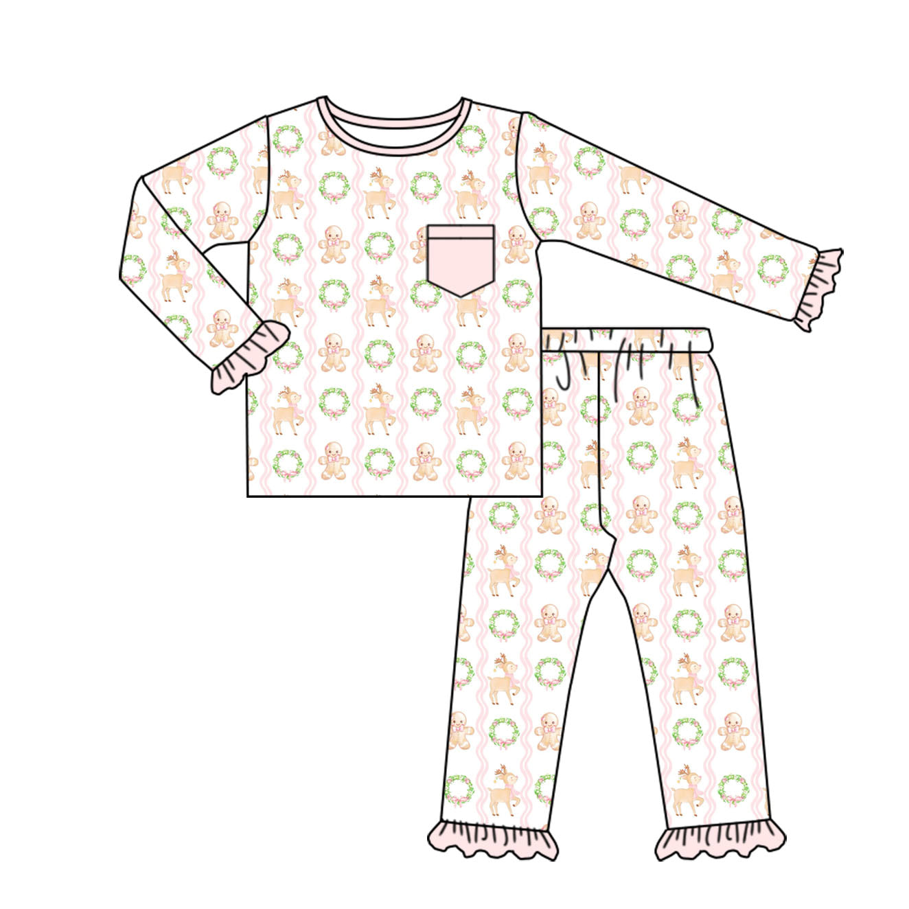 (Pre-order)GLP1204 Deer Gingersnap Print Girls Christmas Pajamas Clothes Set