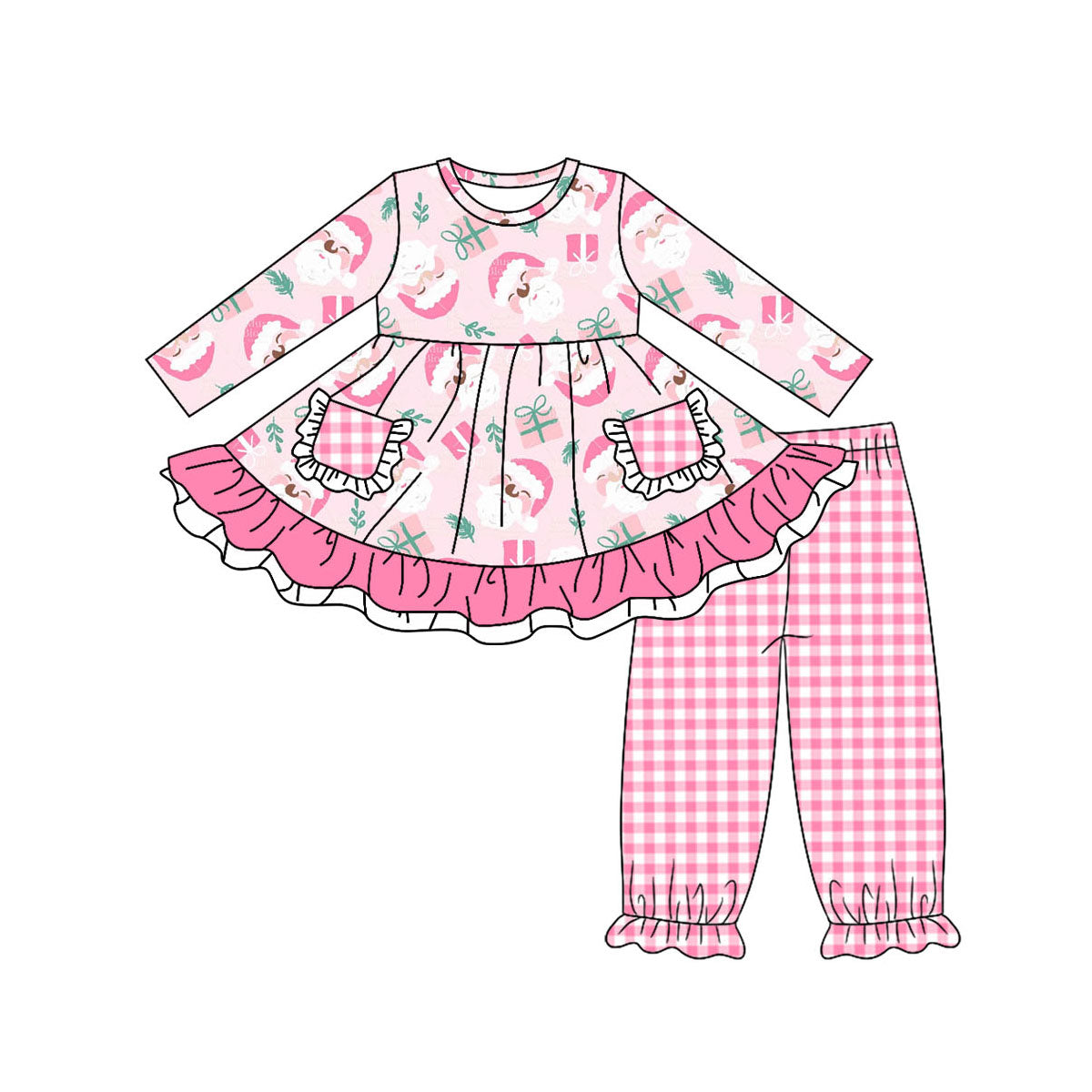 (Pre-order)GLP1207 Christmas Santa Prink Pockets Tunic Top Pink Plaid Pants Girls Clothes Set