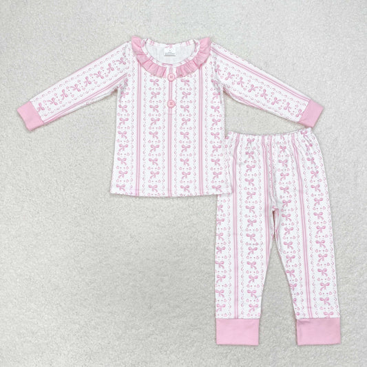 GLP1212 Pink Bows Print Girls Fall Pajamas Clothes Set