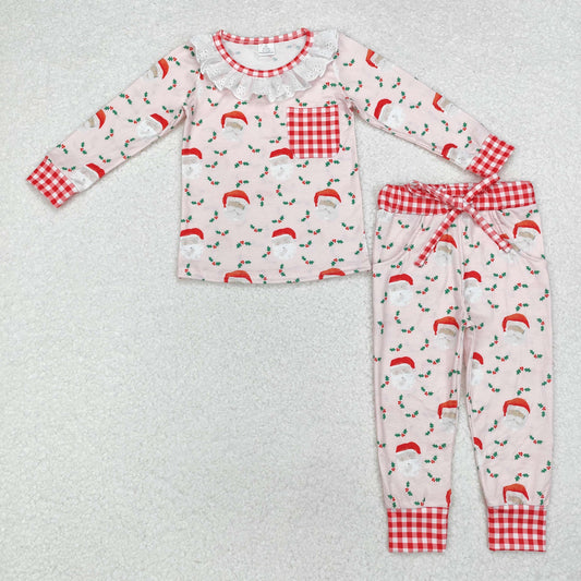 GLP1213 Santa Holly Pink Print Girls Christmas Bamboo Pajamas Clothes Set