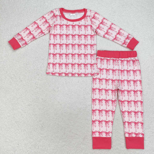 GLP1214 Pink Bows Print Girls Fall Pajamas Clothes Set