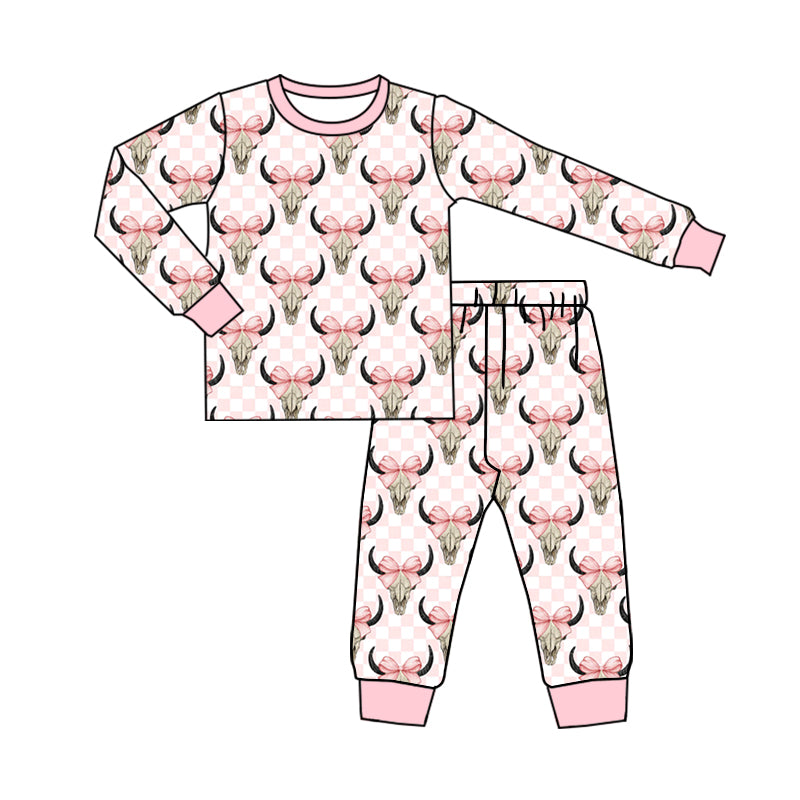 (Pre-order)GLP1215 Cow Skull Bows Print Girls Fall Pajamas Clothes Set