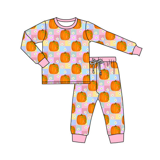 (Pre-order)GLP1219 Pumpkin Flowers Print Girls Fall Pajamas Clothes Set