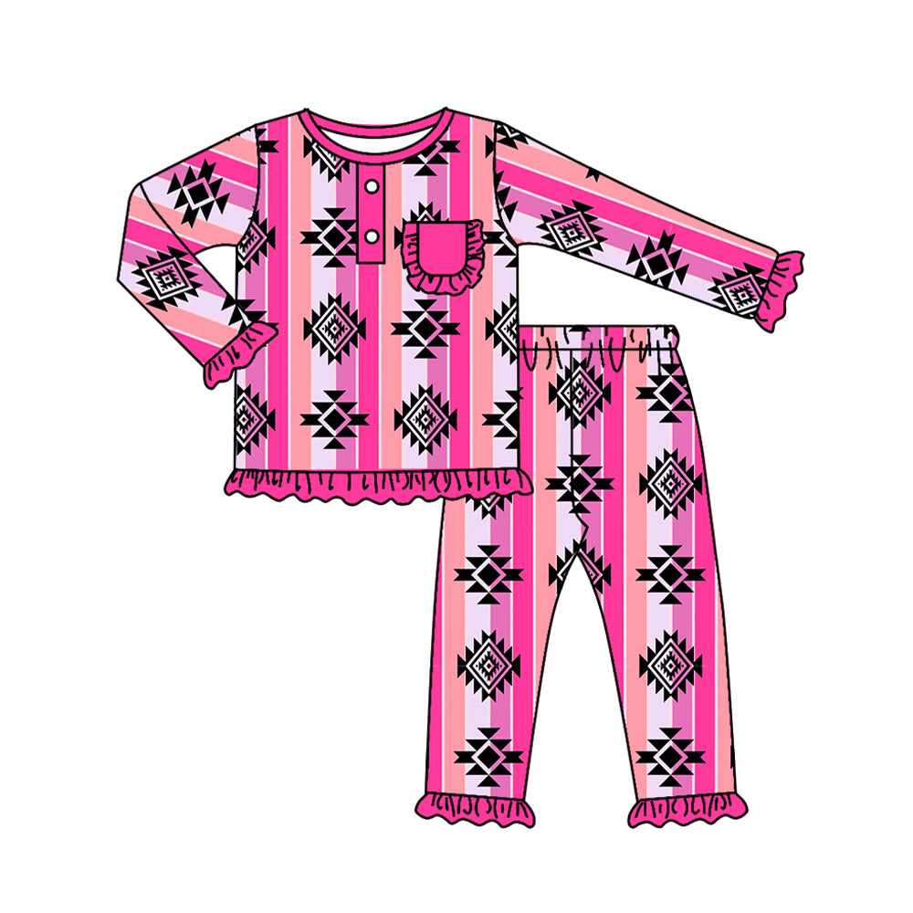 (Pre-order)GLP1222 Hotpink Aztec Print Girls Western Pajamas Clothes Set