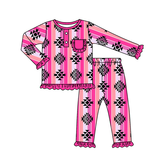 (Pre-order)GLP1222 Hotpink Aztec Print Girls Western Pajamas Clothes Set