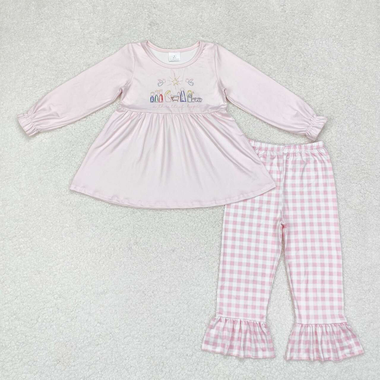 GLP1225 Nativity Pink Tunic Top Plaid Pants Girls Fall Clothes Set
