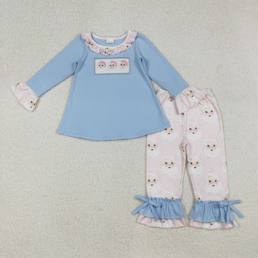 GLP1226 Santa Embroidery Blue Tunic Top Ruffle Pants Girls Christmas Clothes Set