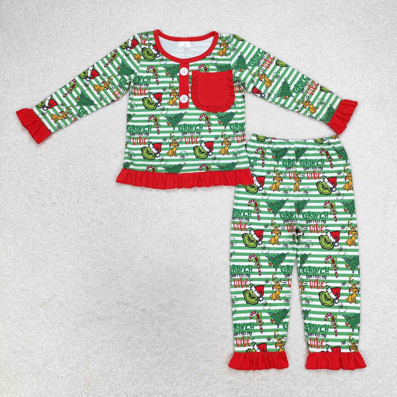 GLP1228 Green Frog Vibe Print Girls Christmas Pajamas Clothes Set