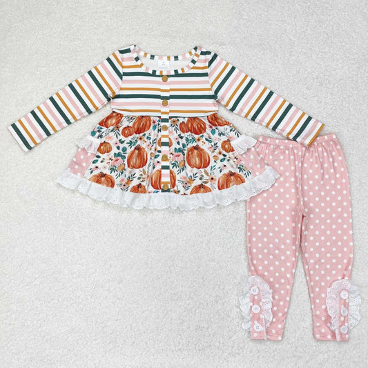 GLP1232 Pumpkin Flowers Tunic Top Dots Legging Pants Girls Fall Clothes Set