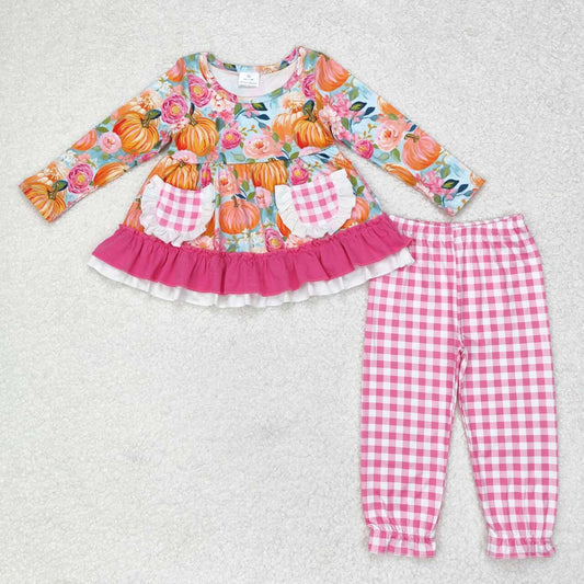 GLP1233 Pumpkin Flowers Pockets Tunic Top Plaid Pants Girls Fall Clothes Set