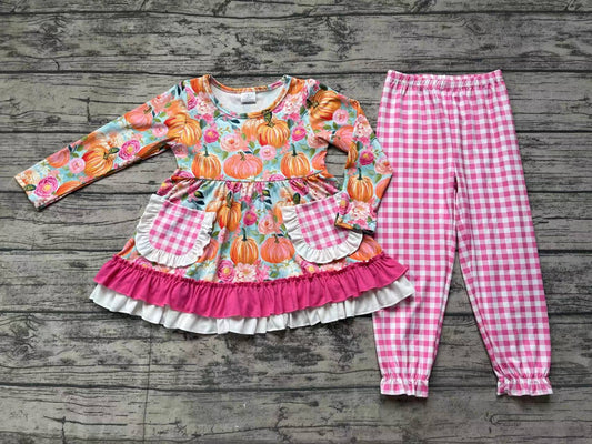 (Pre-order)GLP1233 Pumpkin Flowers Pockets Tunic Top Plaid Pants Girls Fall Clothes Set