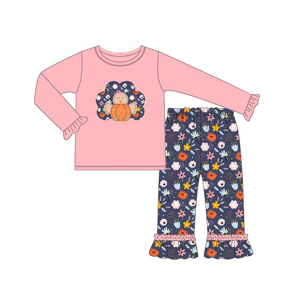 (Pre-order)GLP1234 Turkey Pumpkin Top Flowers Pants Girls Thanksgiving Clothes Set